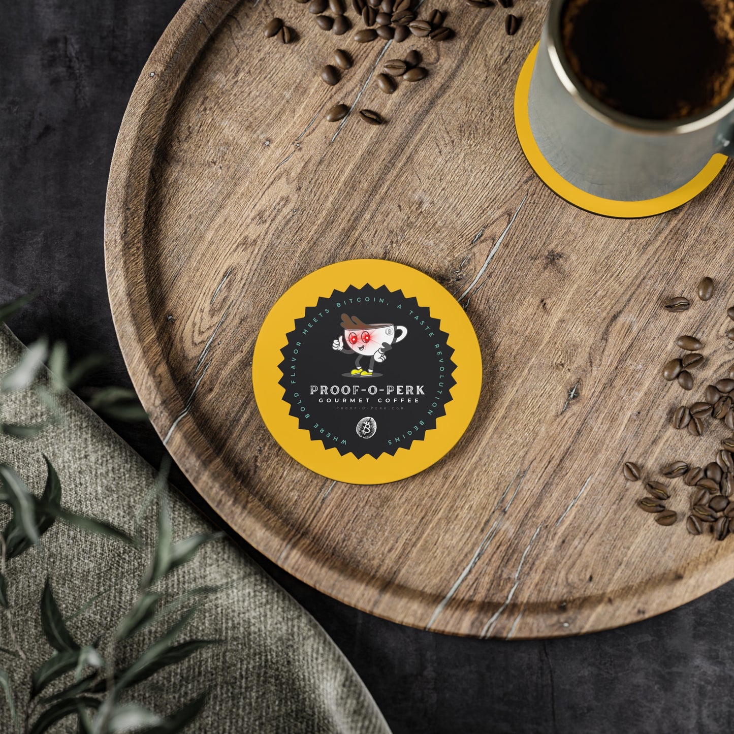 Proof-O-Perk Logo Yellow Coasters