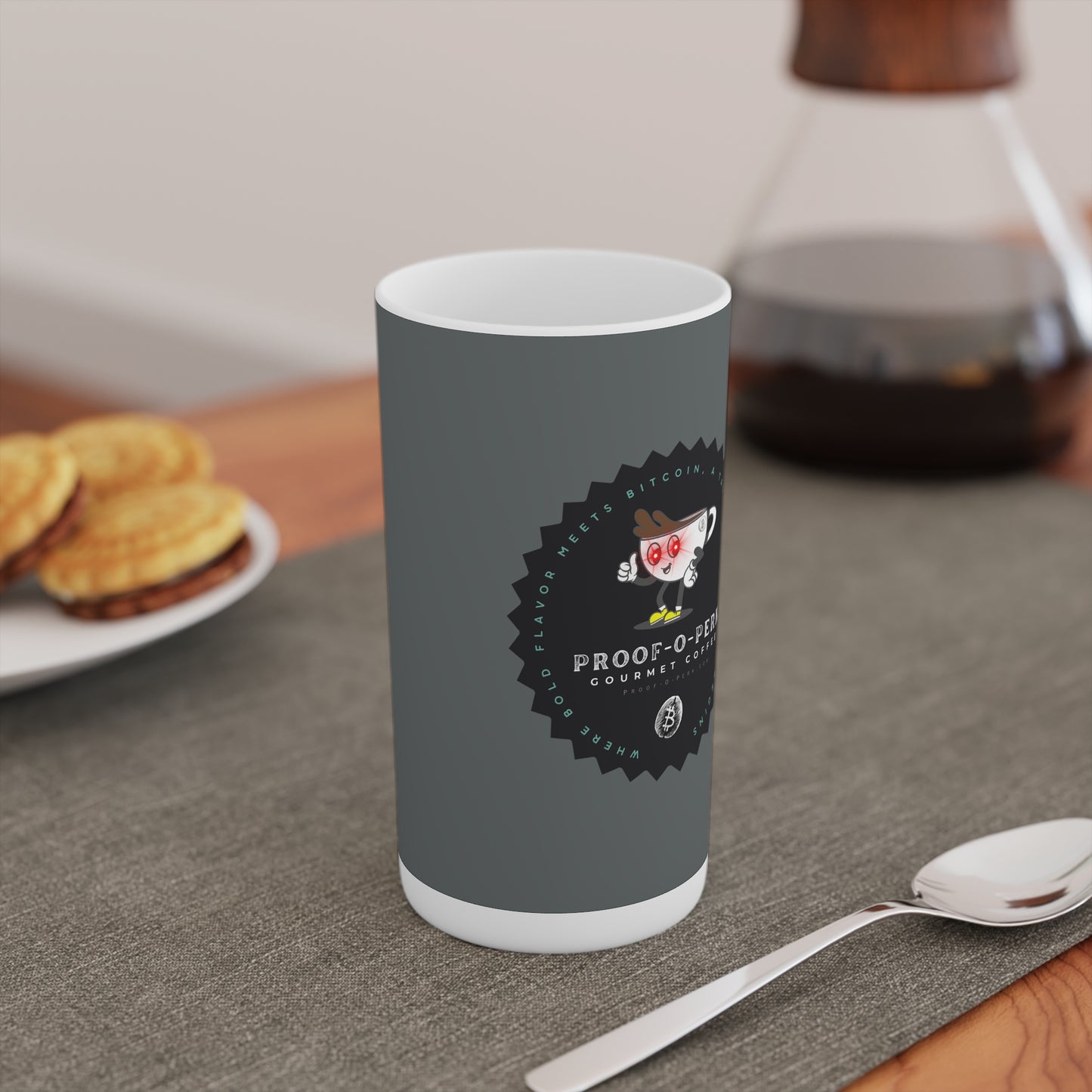Proof-O-Perk Logo Gray Conical Coffee Mugs (3oz, 8oz, 12oz)