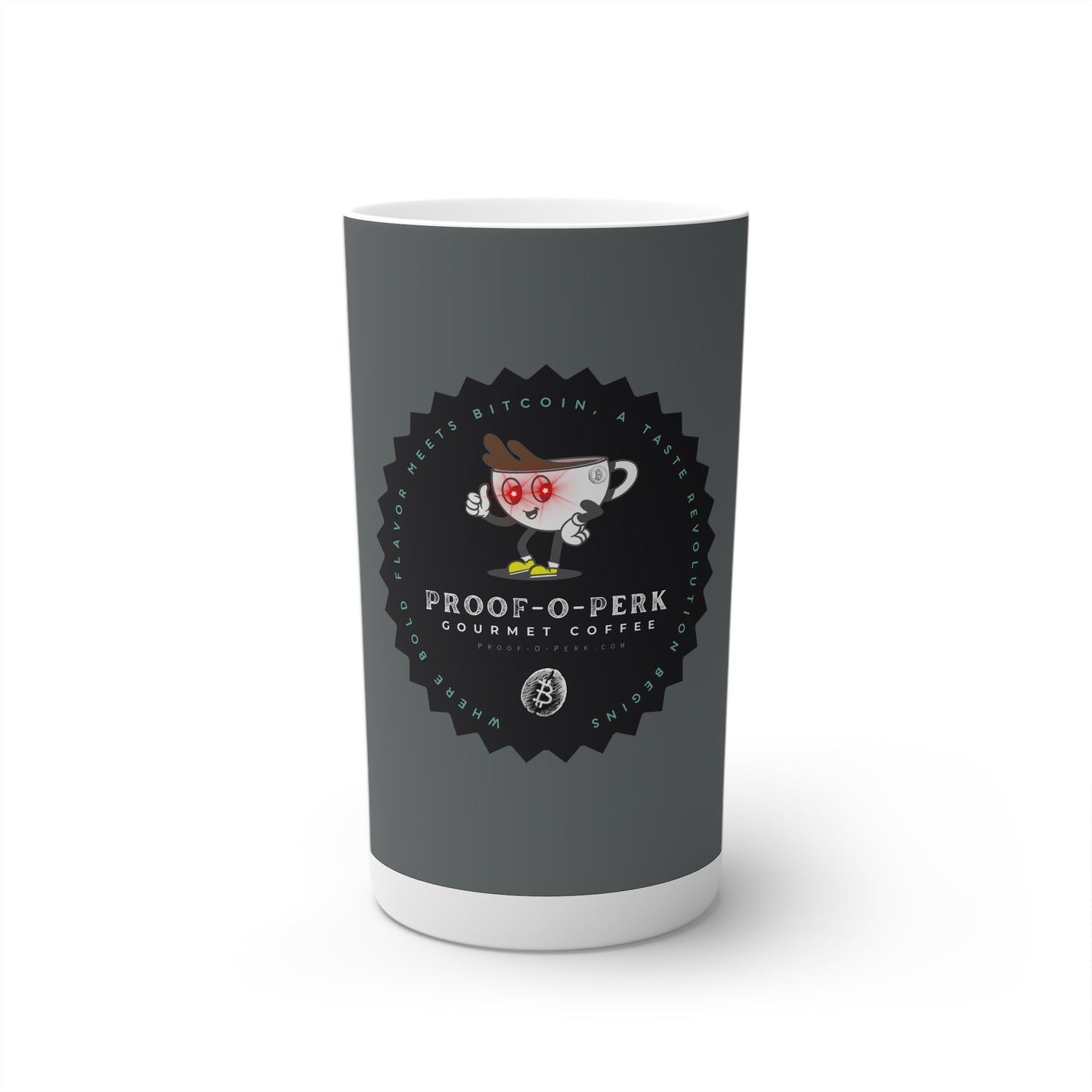 Proof-O-Perk Logo Gray Conical Coffee Mugs (3oz, 8oz, 12oz)