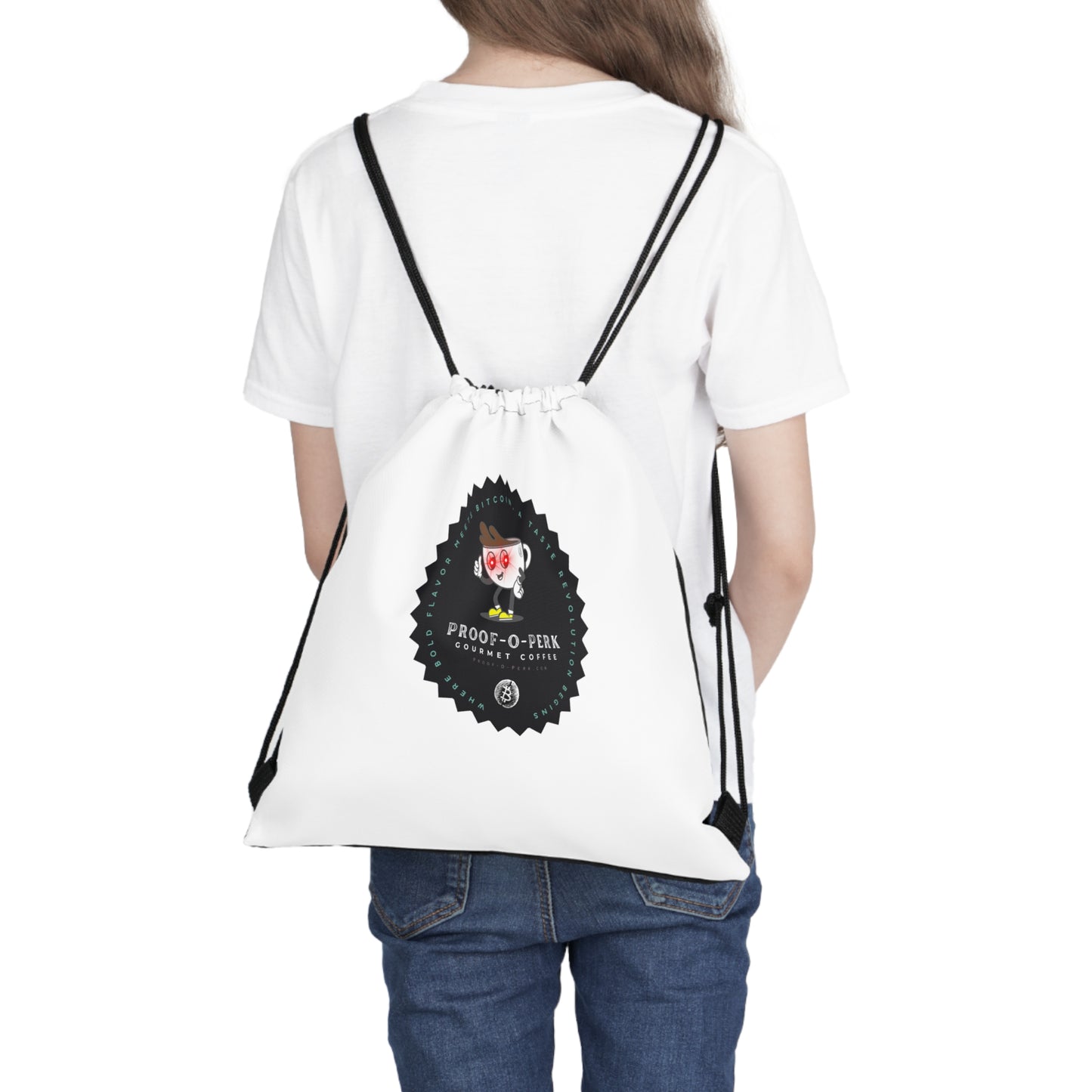 Proof-O-Perk Logo White Drawstring Bag