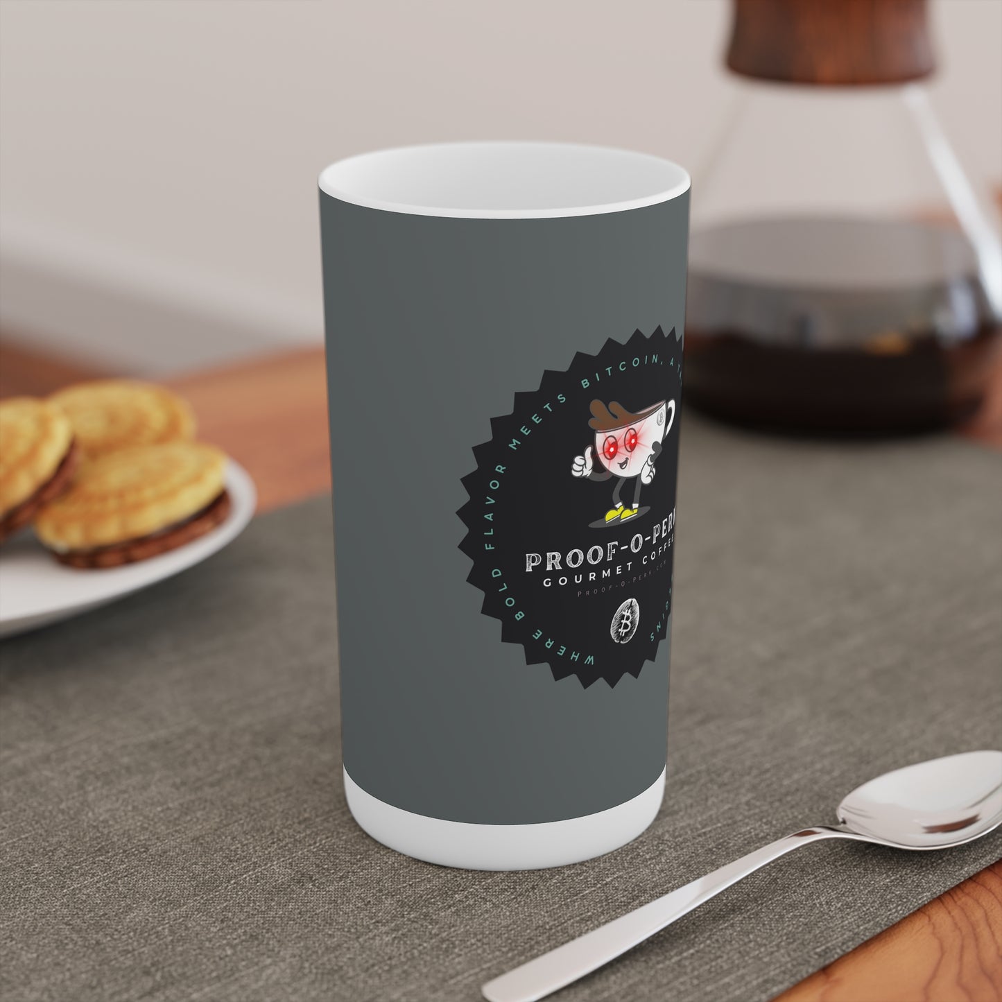 Proof-O-Perk Logo Gray Conical Coffee Mugs (3oz, 8oz, 12oz)