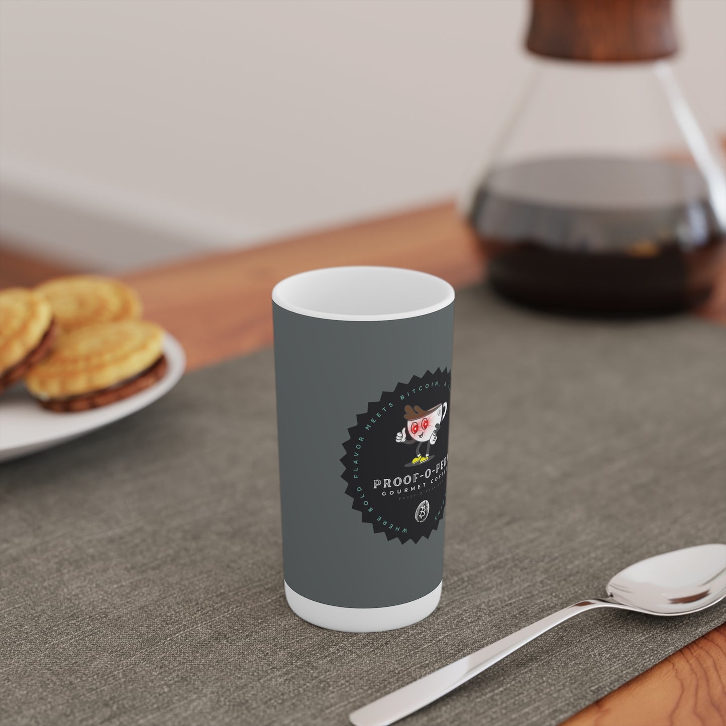 Proof-O-Perk Logo Gray Conical Coffee Mugs (3oz, 8oz, 12oz)