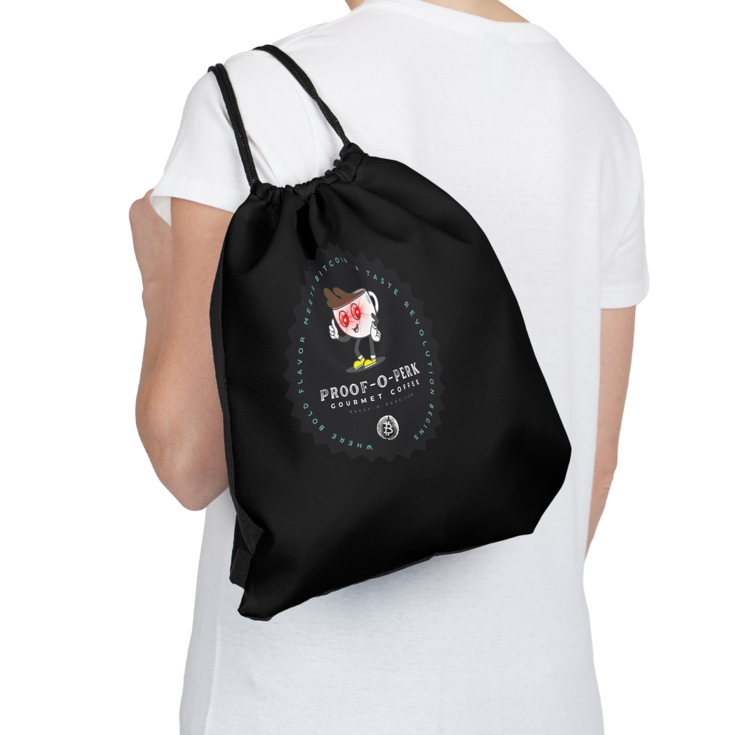 Proof-O-Perk Logo Black Drawstring Bag