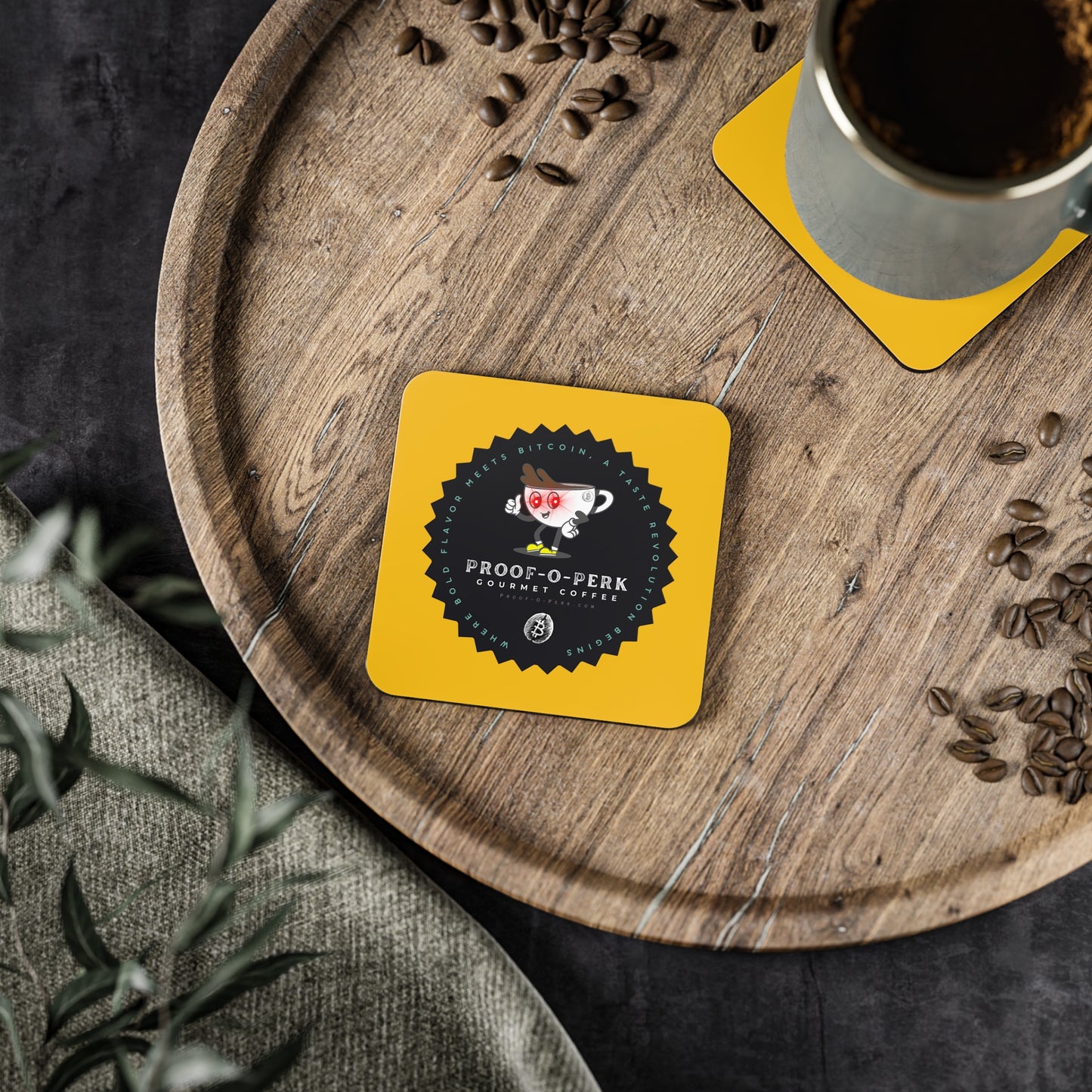 Proof-O-Perk Logo Yellow Coasters