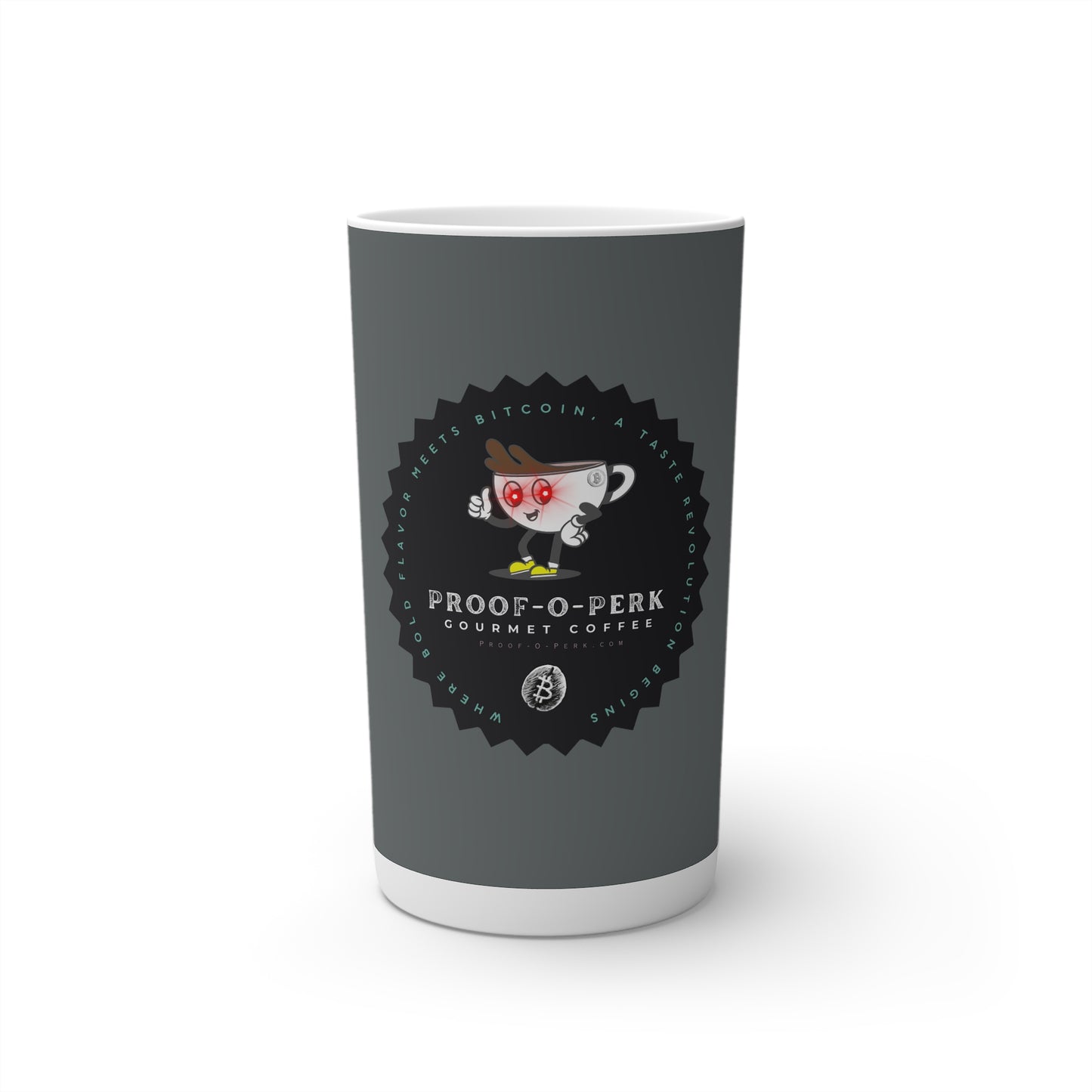 Proof-O-Perk Logo Gray Conical Coffee Mugs (3oz, 8oz, 12oz)
