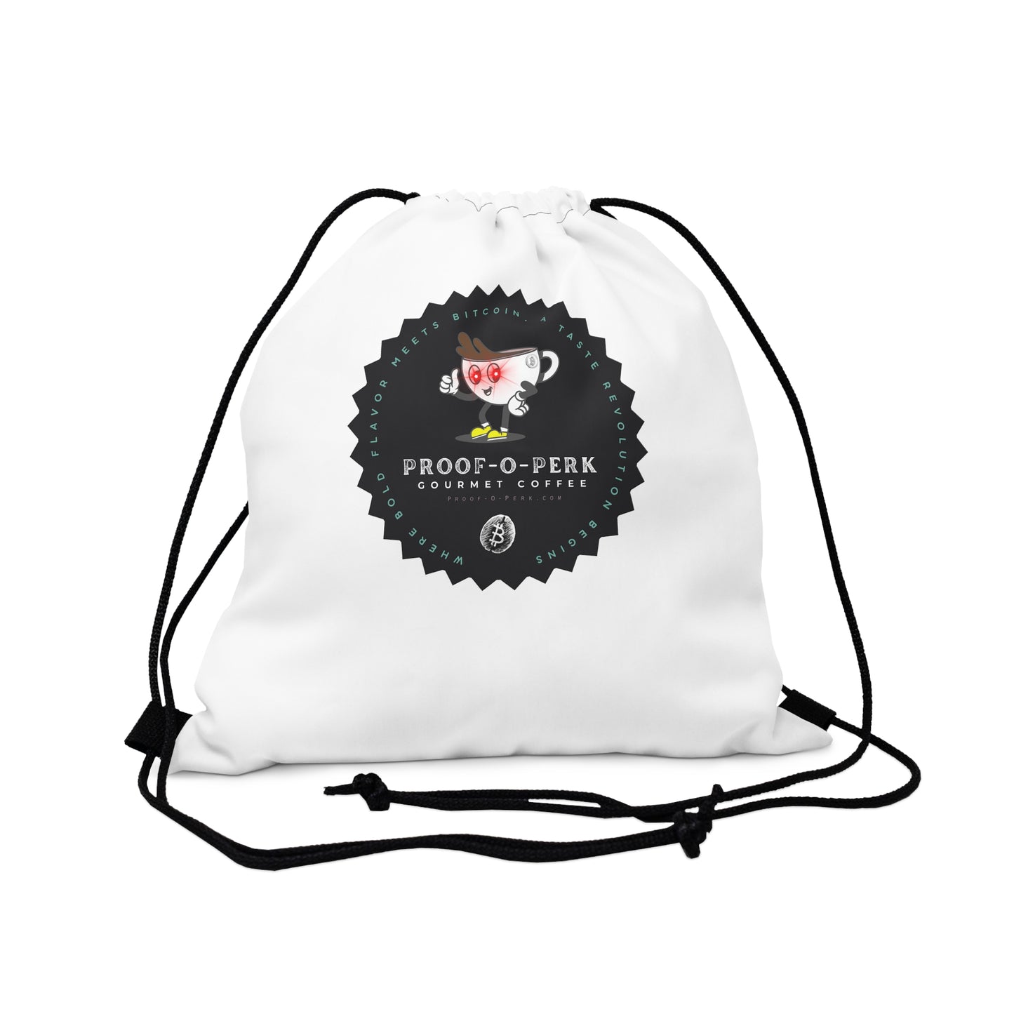 Proof-O-Perk Logo White Drawstring Bag