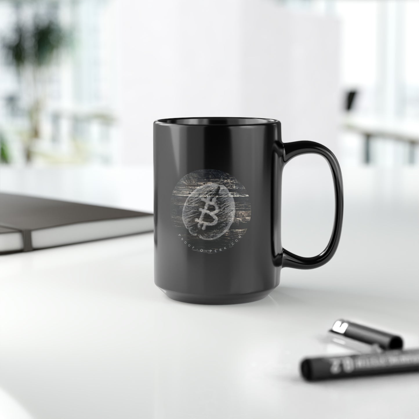 Proof-O-Perk Black Mug, Woody B-Bean