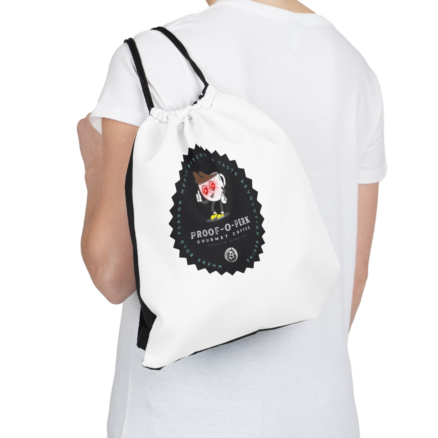 Proof-O-Perk Logo White Drawstring Bag