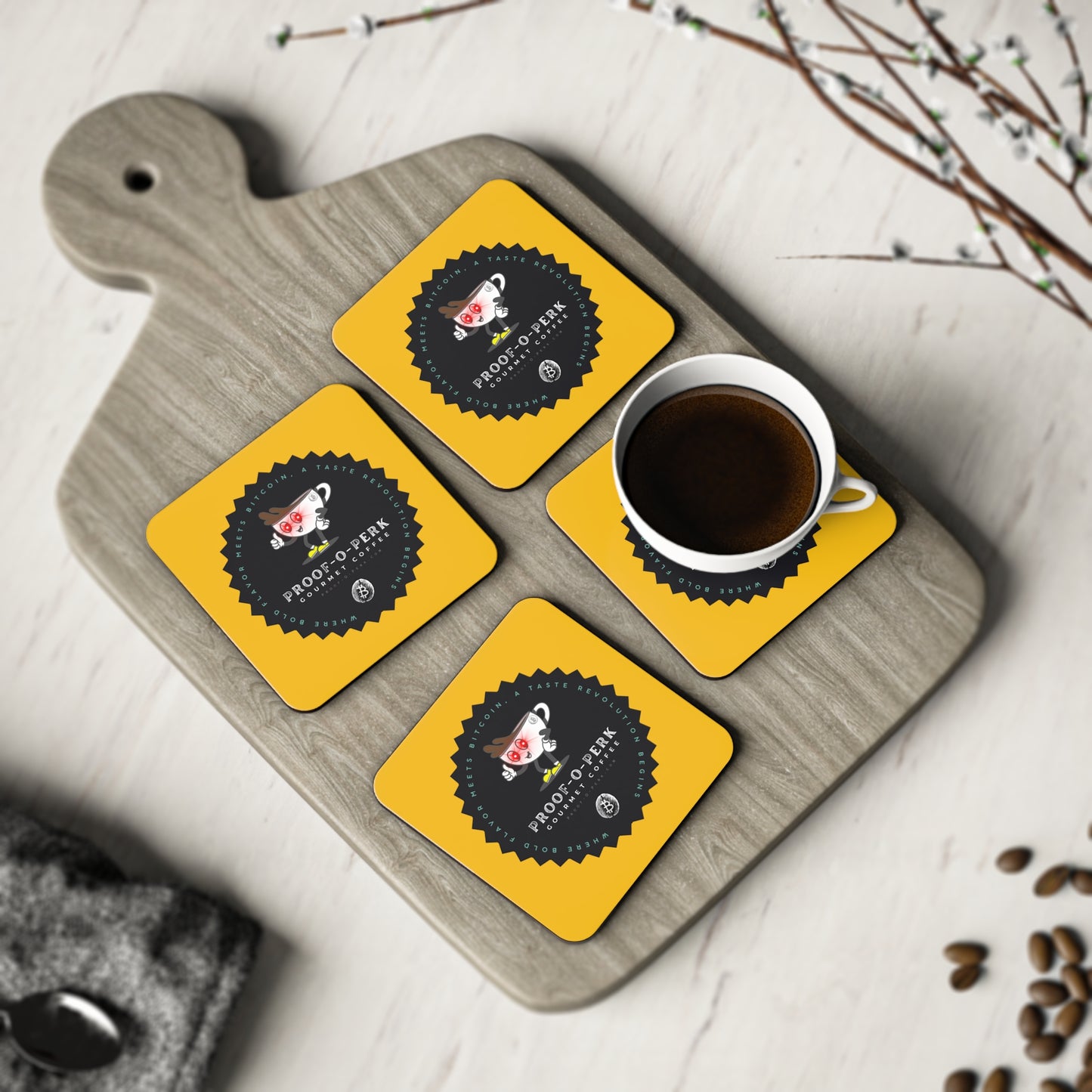 Proof-O-Perk Logo Yellow Coasters