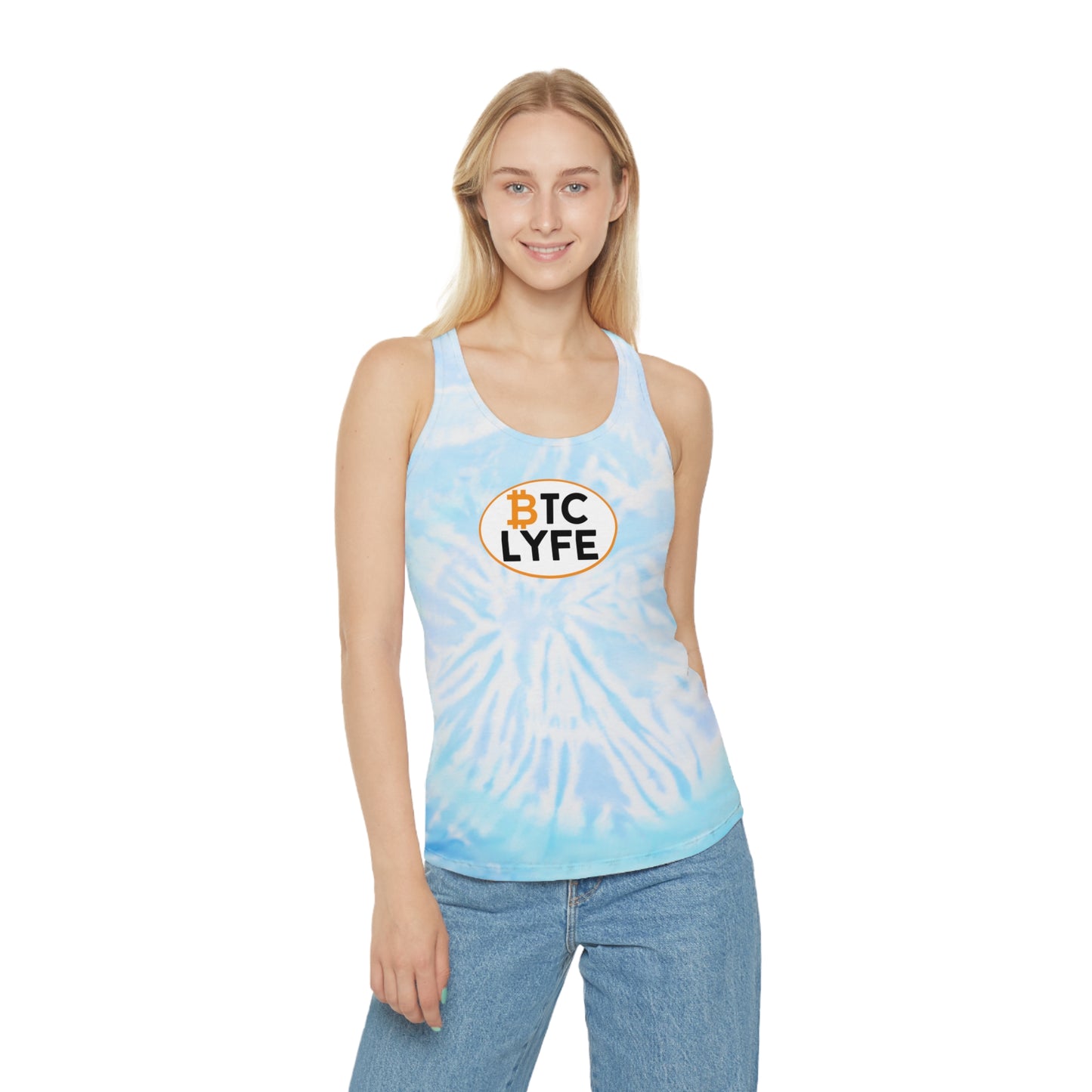 Bitcoin LYFE (Oval) Tie Dye Racerback Tank Top