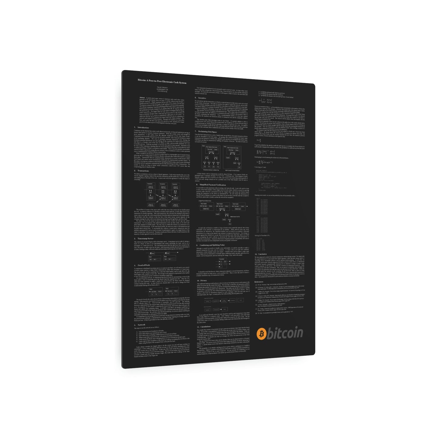 Bitcoin White Paper Metal Art Sign, White Text on Black Background - 16" x 20"