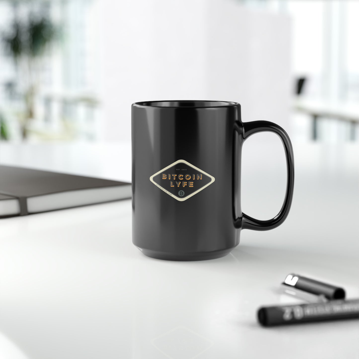 Bitcoin LYFE (Transparent) Black Mug, 15oz