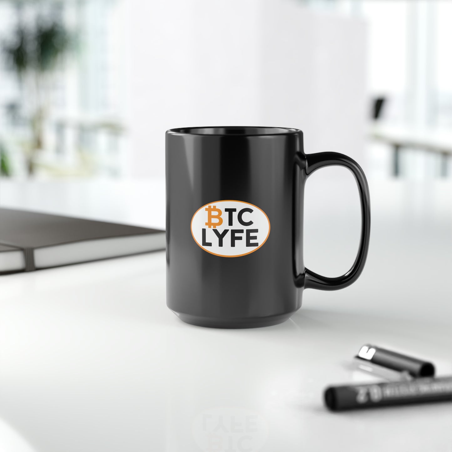 Bitcoin LYFE (Oval) Black Mug, 15oz