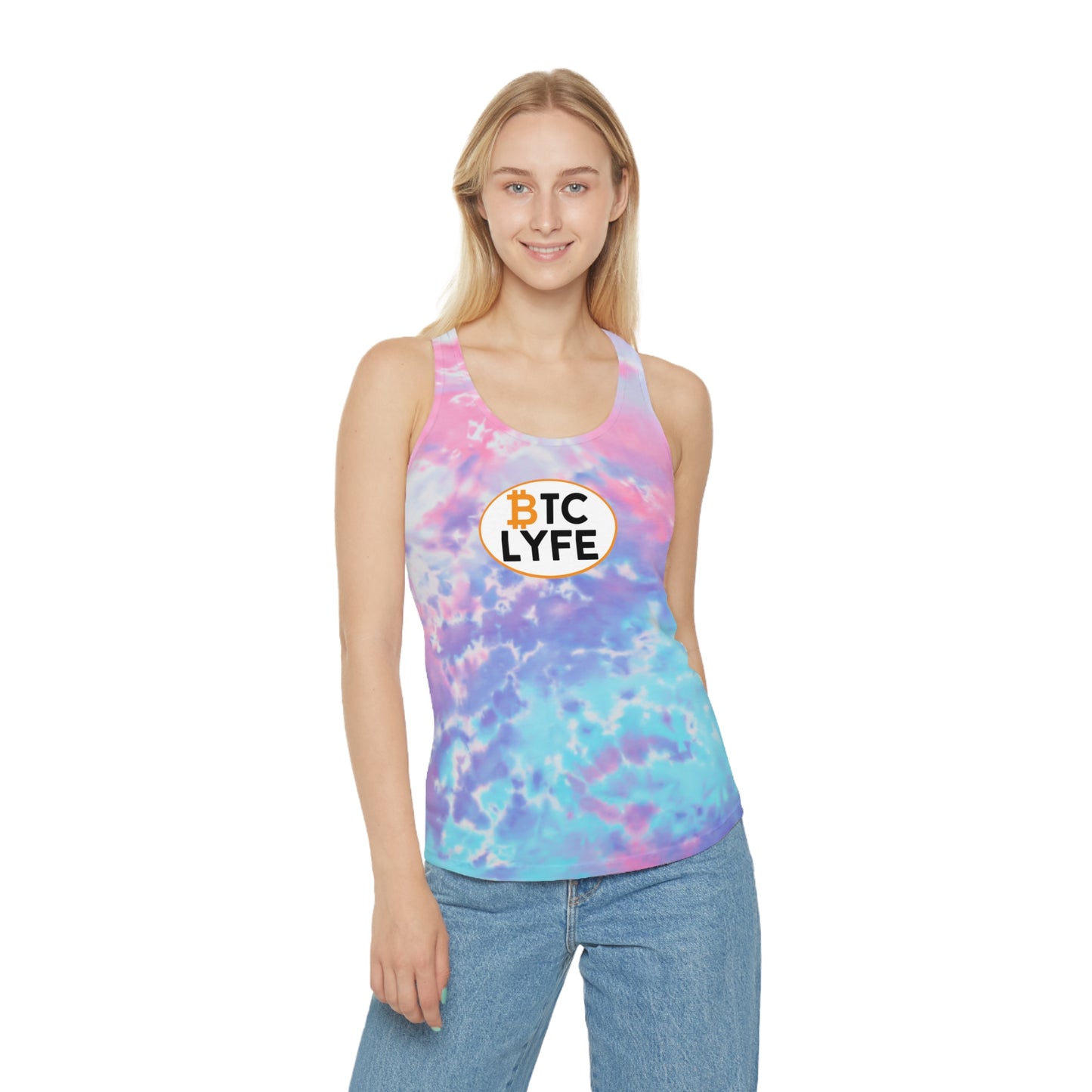 Bitcoin LYFE (Oval) Tie Dye Racerback Tank Top