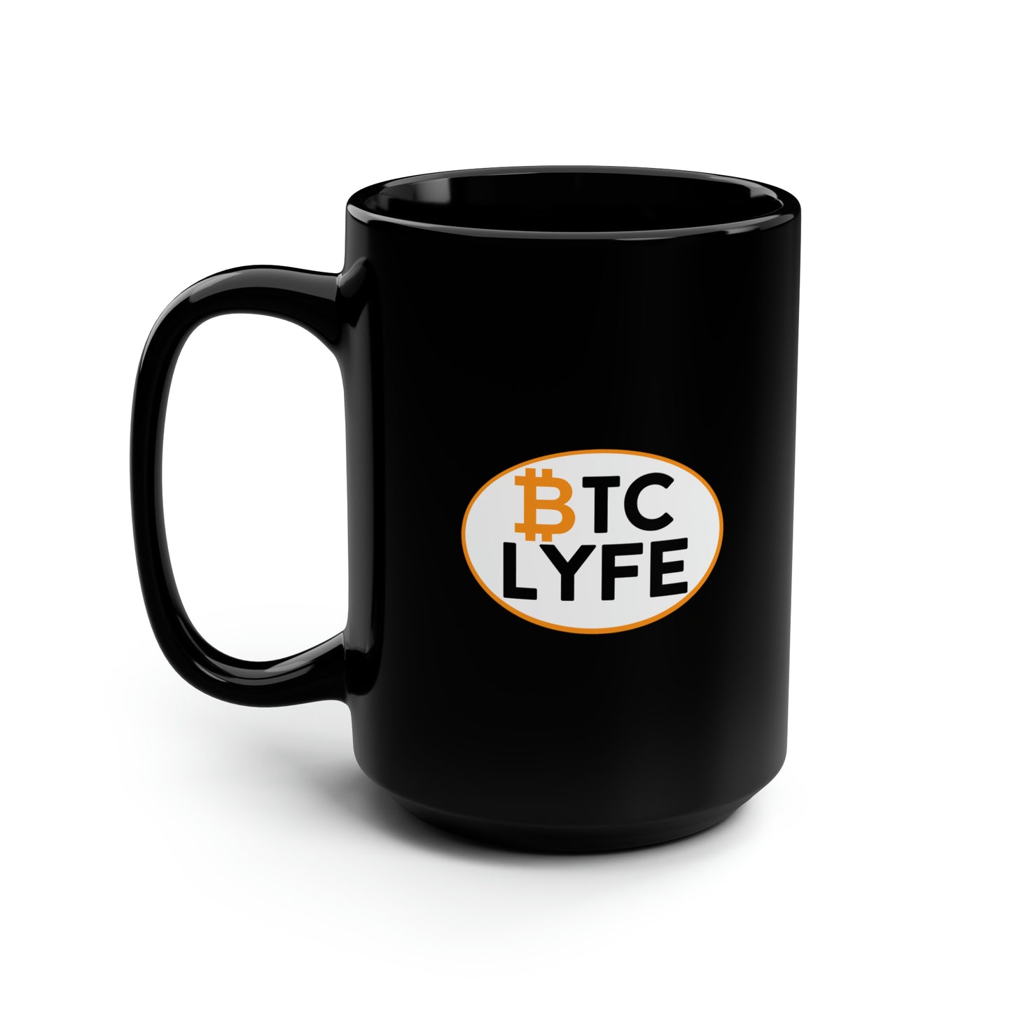 Bitcoin LYFE (Oval) Black Mug, 15oz