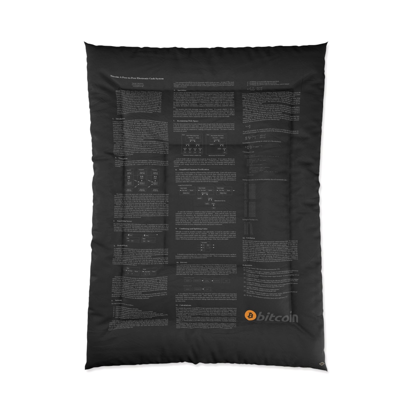 Bitcoin White Paper Comforter, White Text on Black