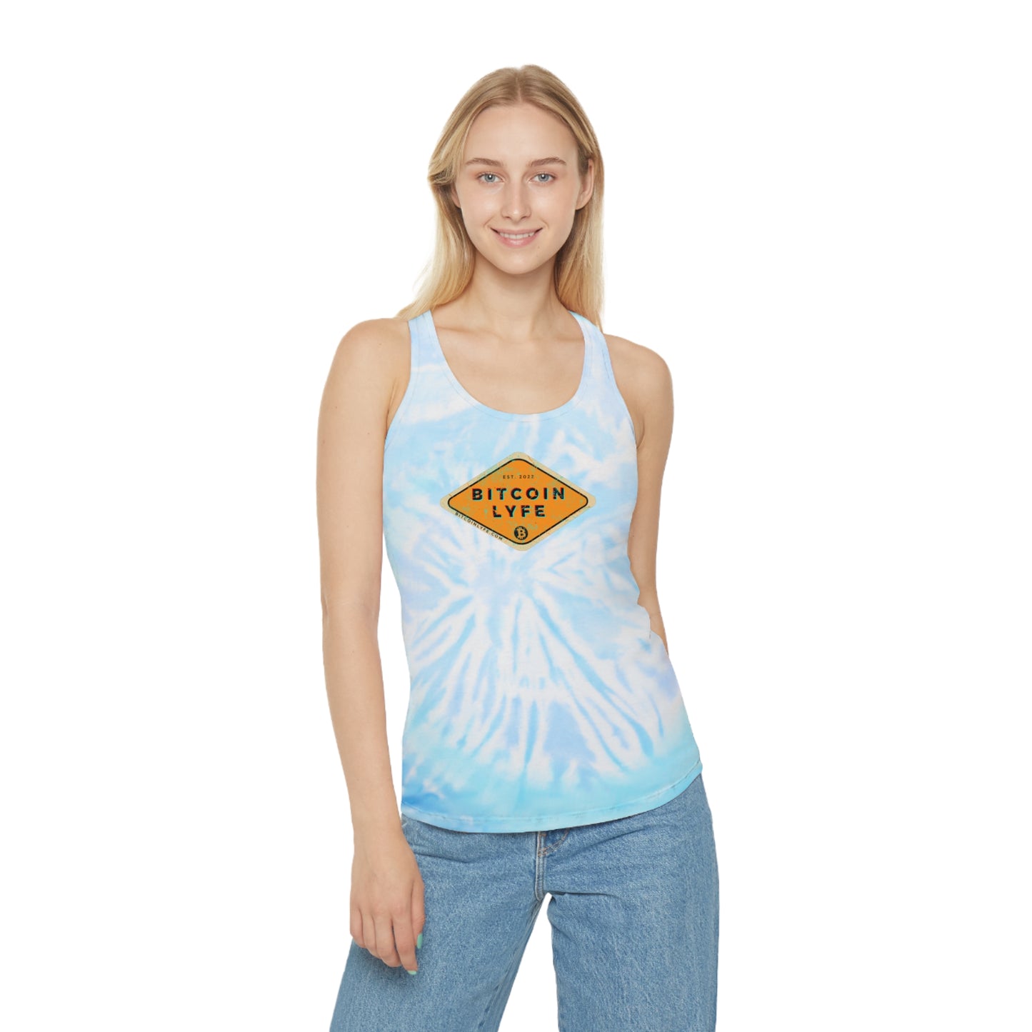 Distressed Bitcoin LYFE Tie Dye Racerback Tank Top