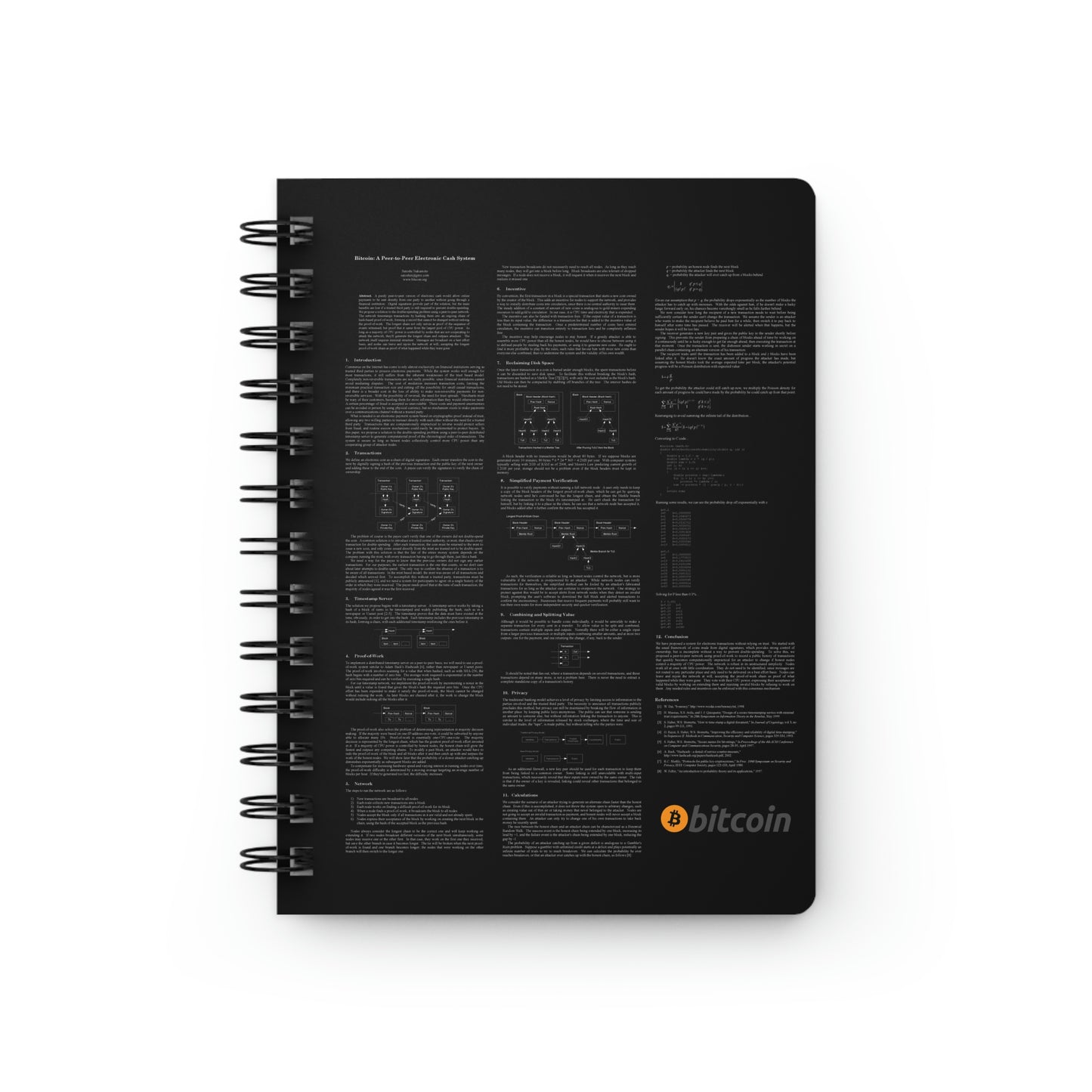 Bitcoin White Paper - White Text on Black Spiral Bound Journal