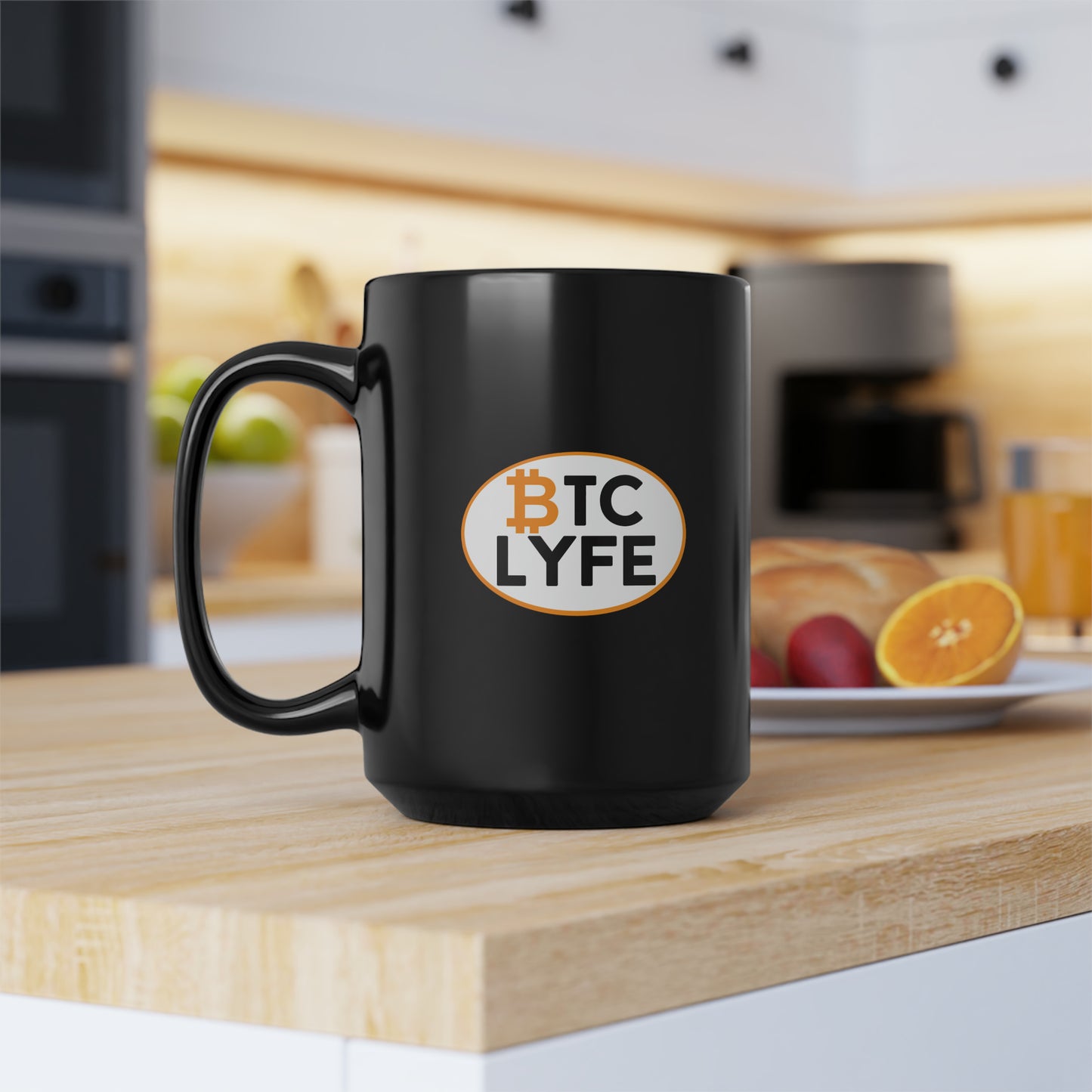 Bitcoin LYFE (Oval) Black Mug, 15oz