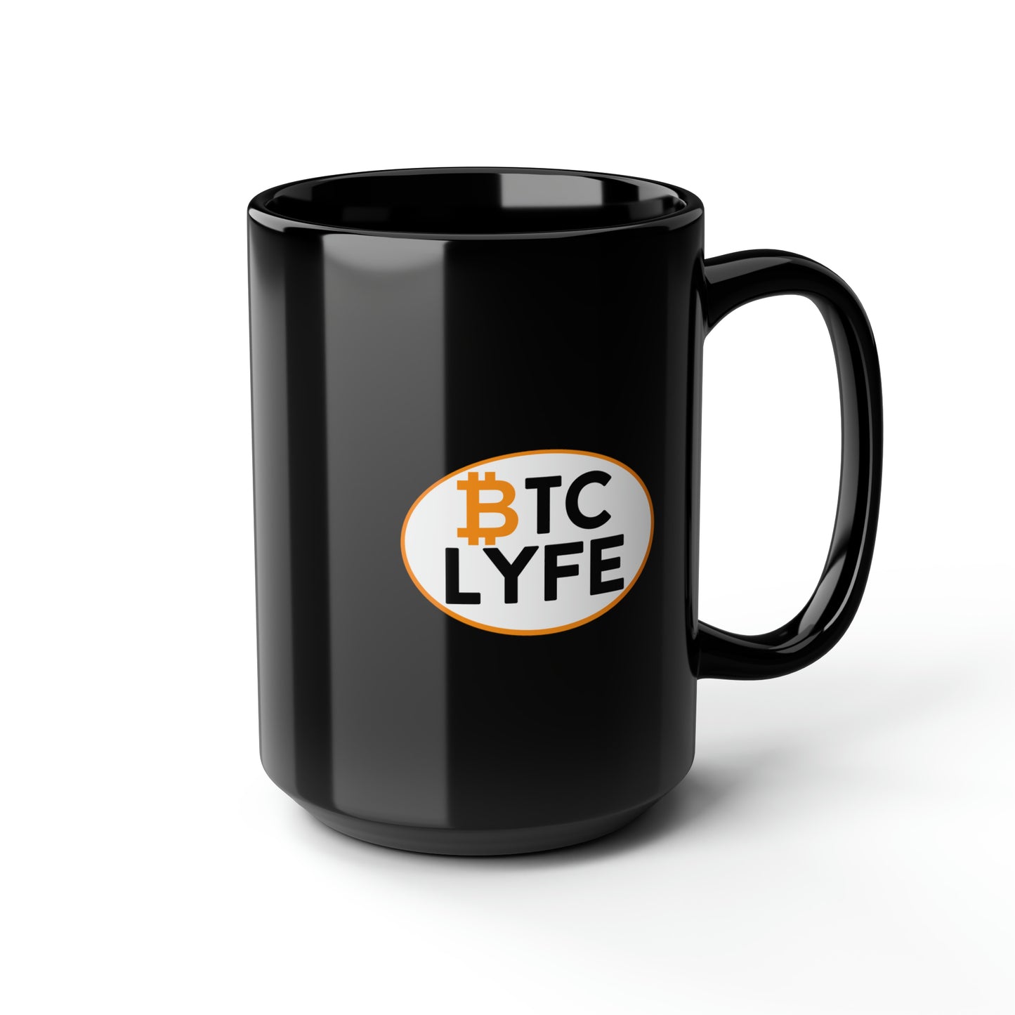 Bitcoin LYFE (Oval) Black Mug, 15oz