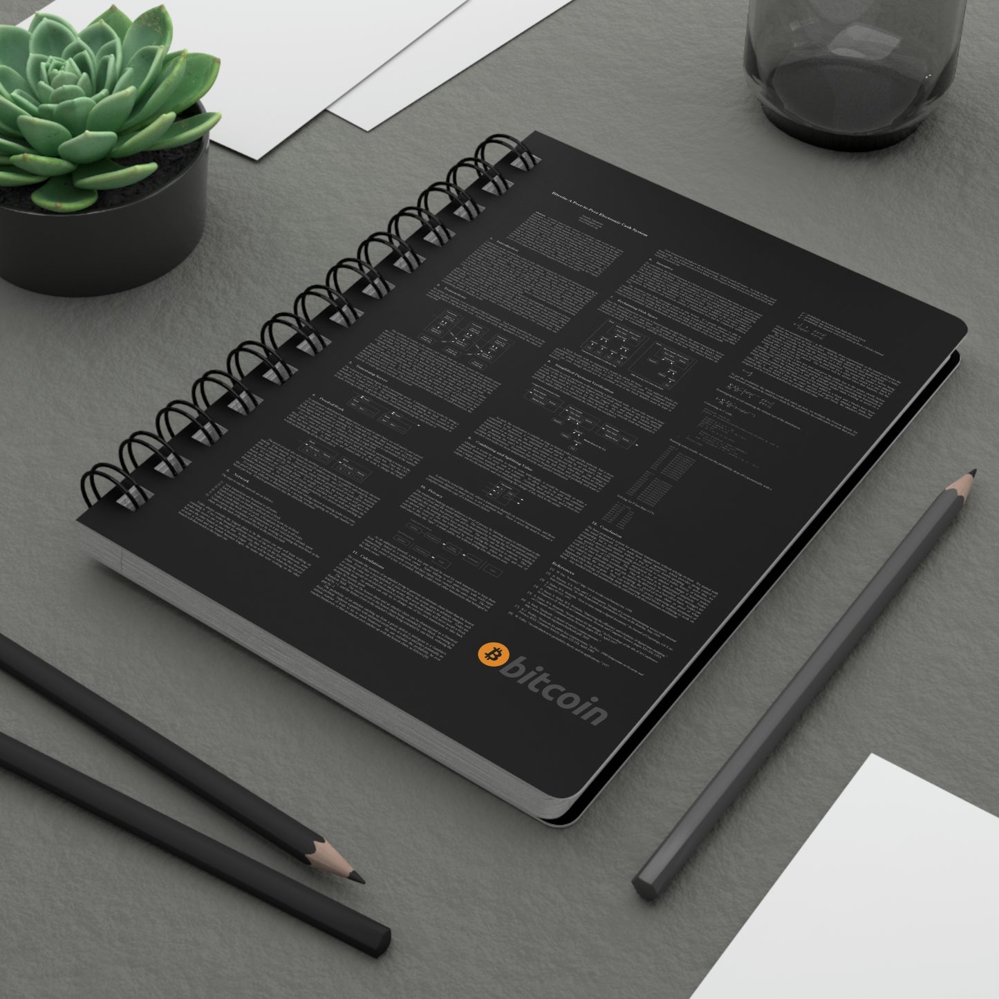 Bitcoin White Paper - White Text on Black Spiral Bound Journal