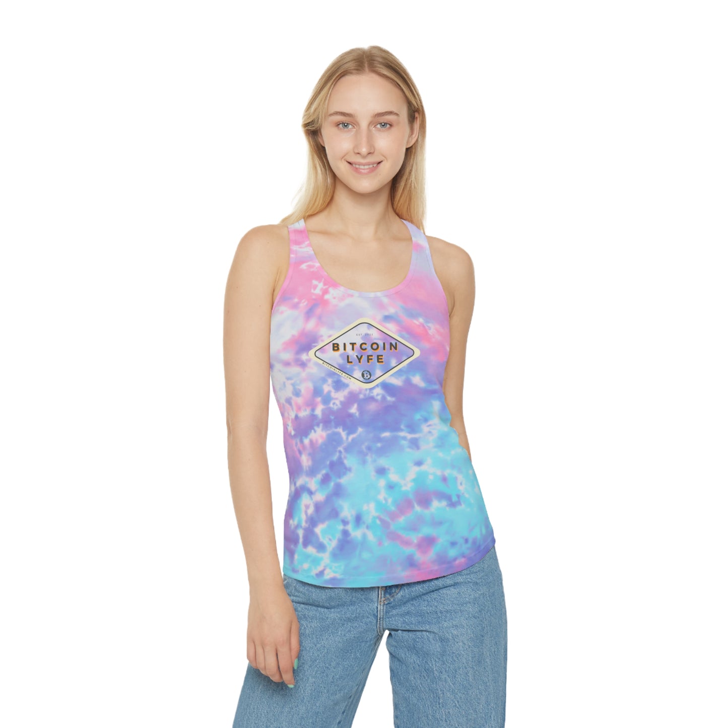 Bitcoin LYFE (Transparent) Tie Dye Racerback Tank Top