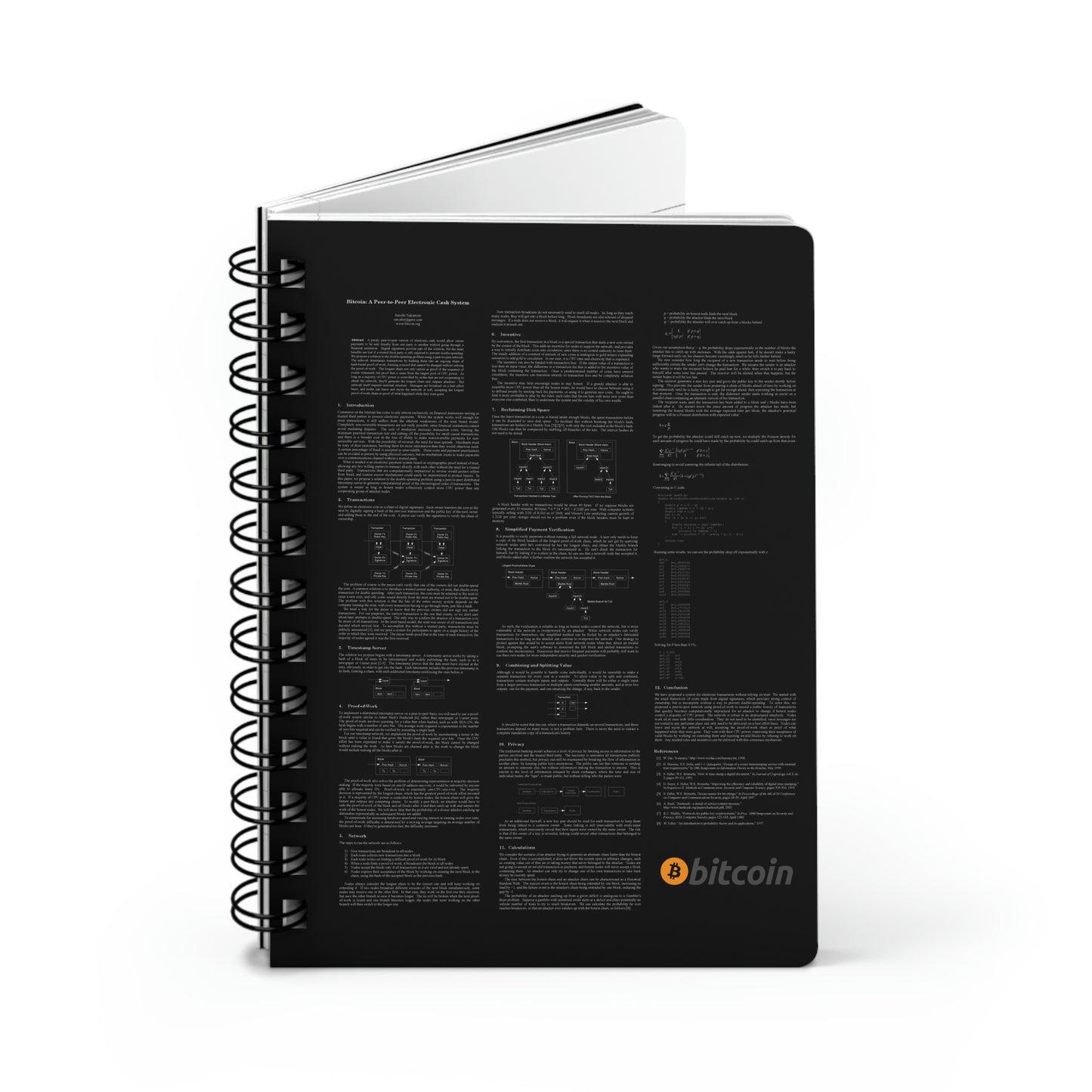 Bitcoin White Paper - White Text on Black Spiral Bound Journal