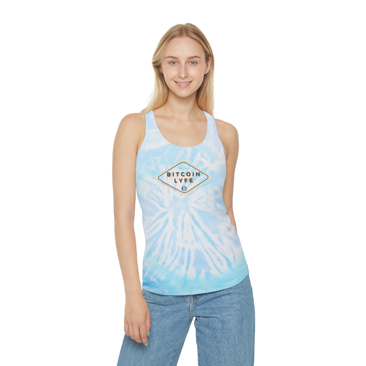 Bitcoin LYFE (Transparent) Tie Dye Racerback Tank Top